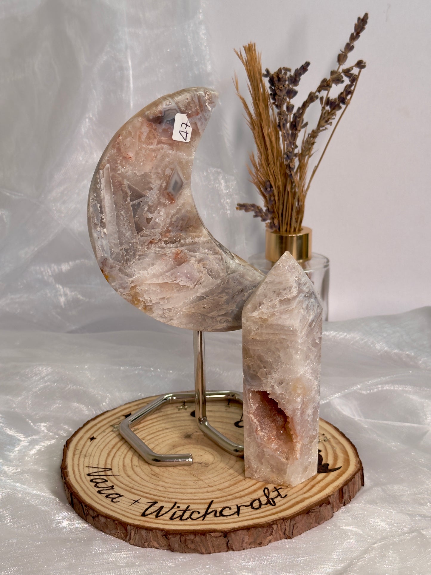 Pink Amethyst Tower and Moon on stand Druzy set