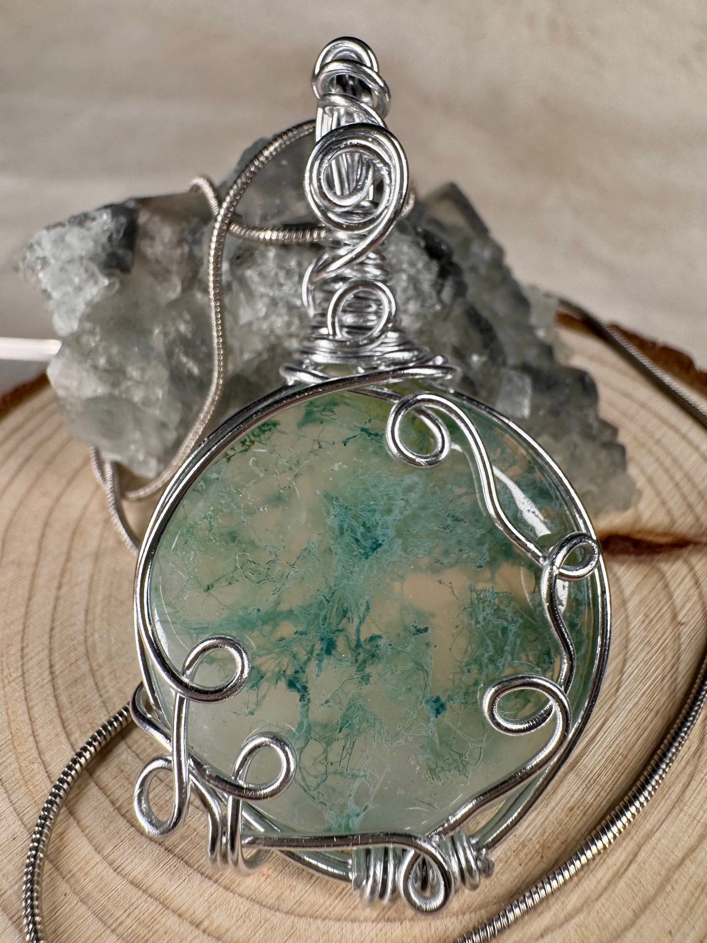 Wire wrapped Moss Agate Pendant and Bracelet set