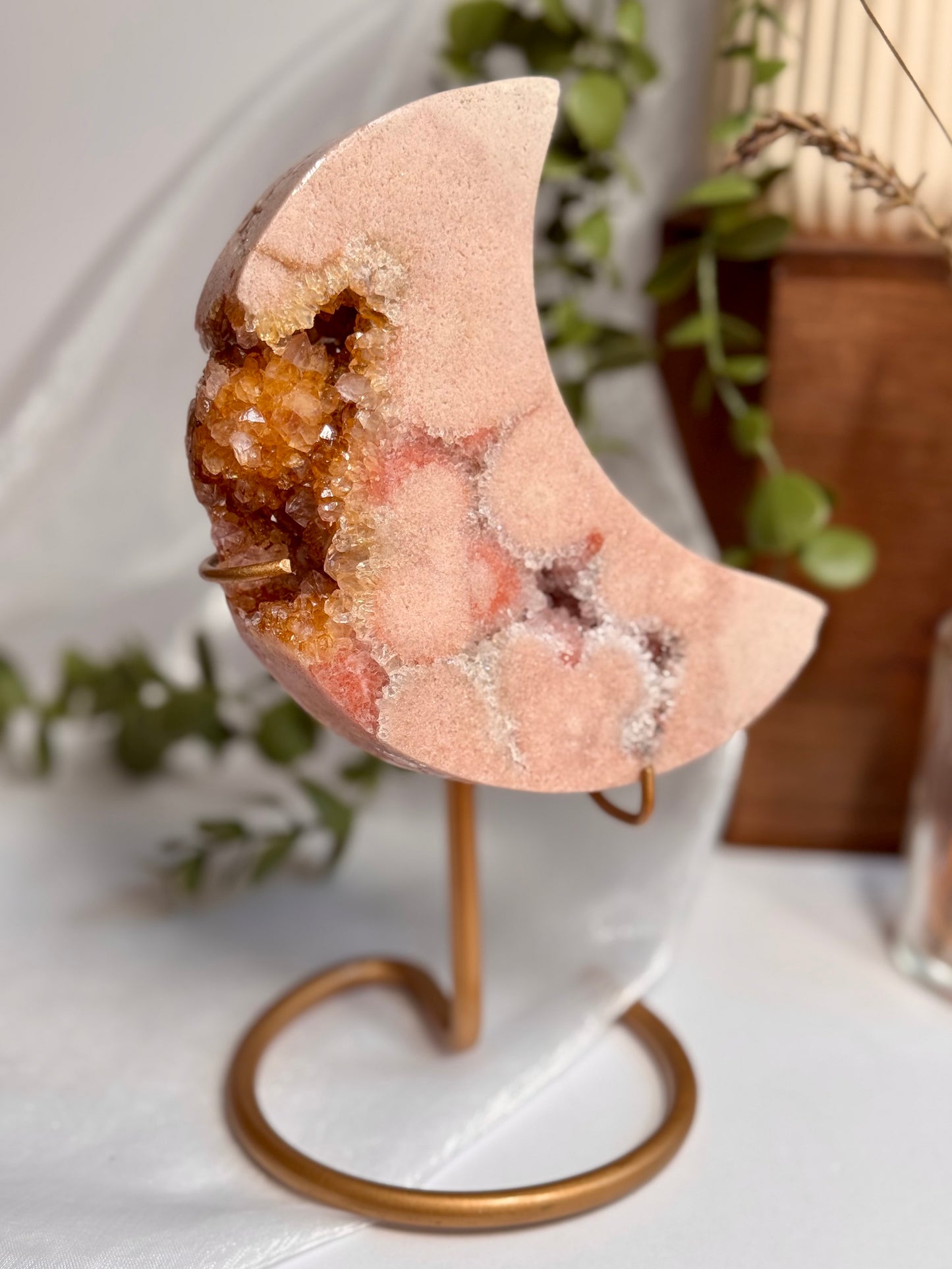 Golden Druzy Pink Amethyst Moon on Display Stand (0.622 kg)