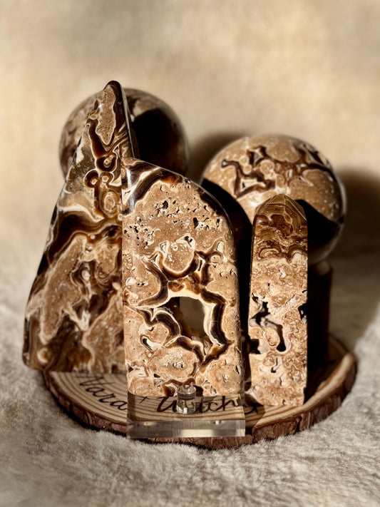 Chocolate Calcite| tower, freeforms and Spheres