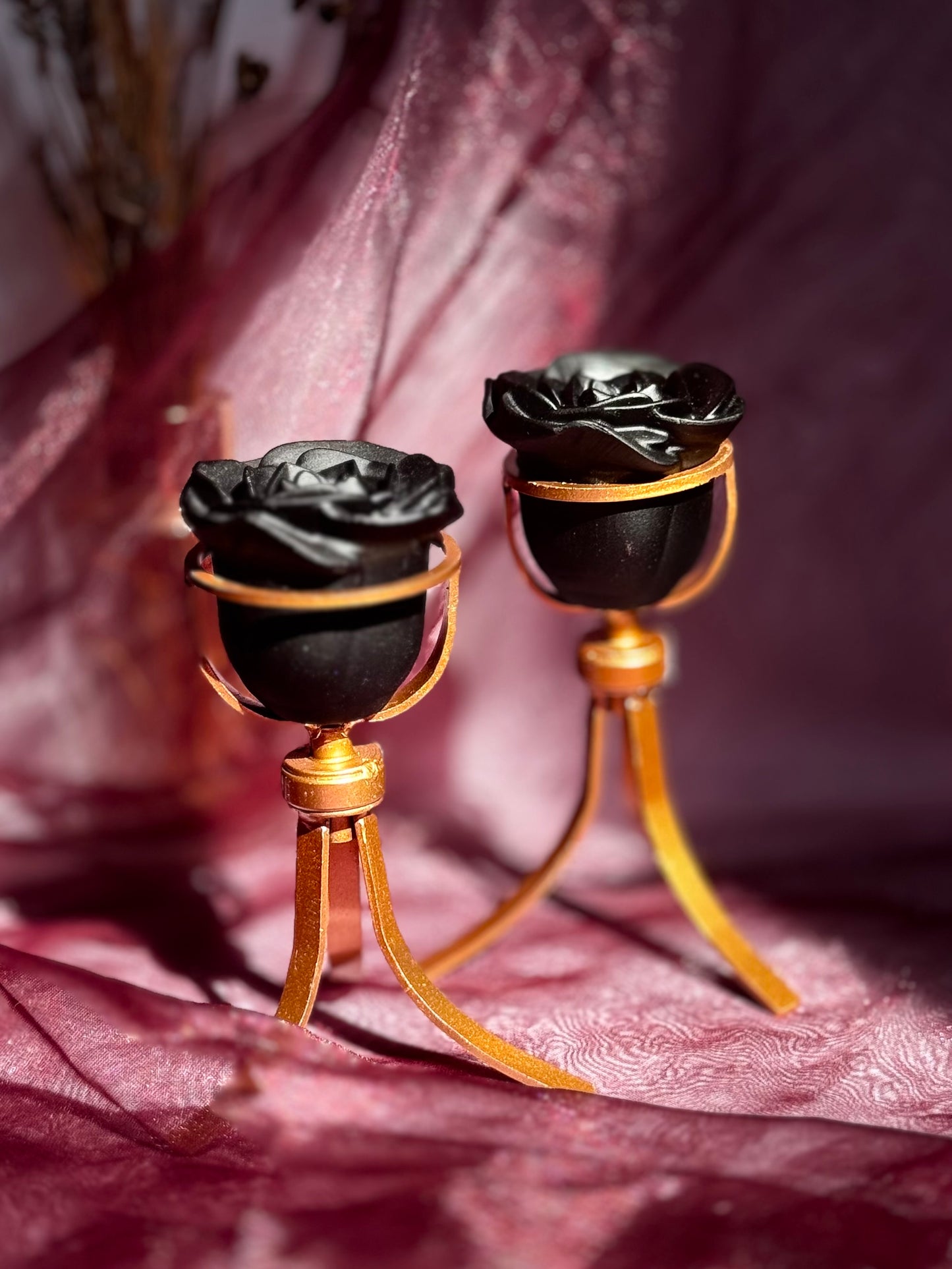 Obsidian Rose Flower Carving on stand