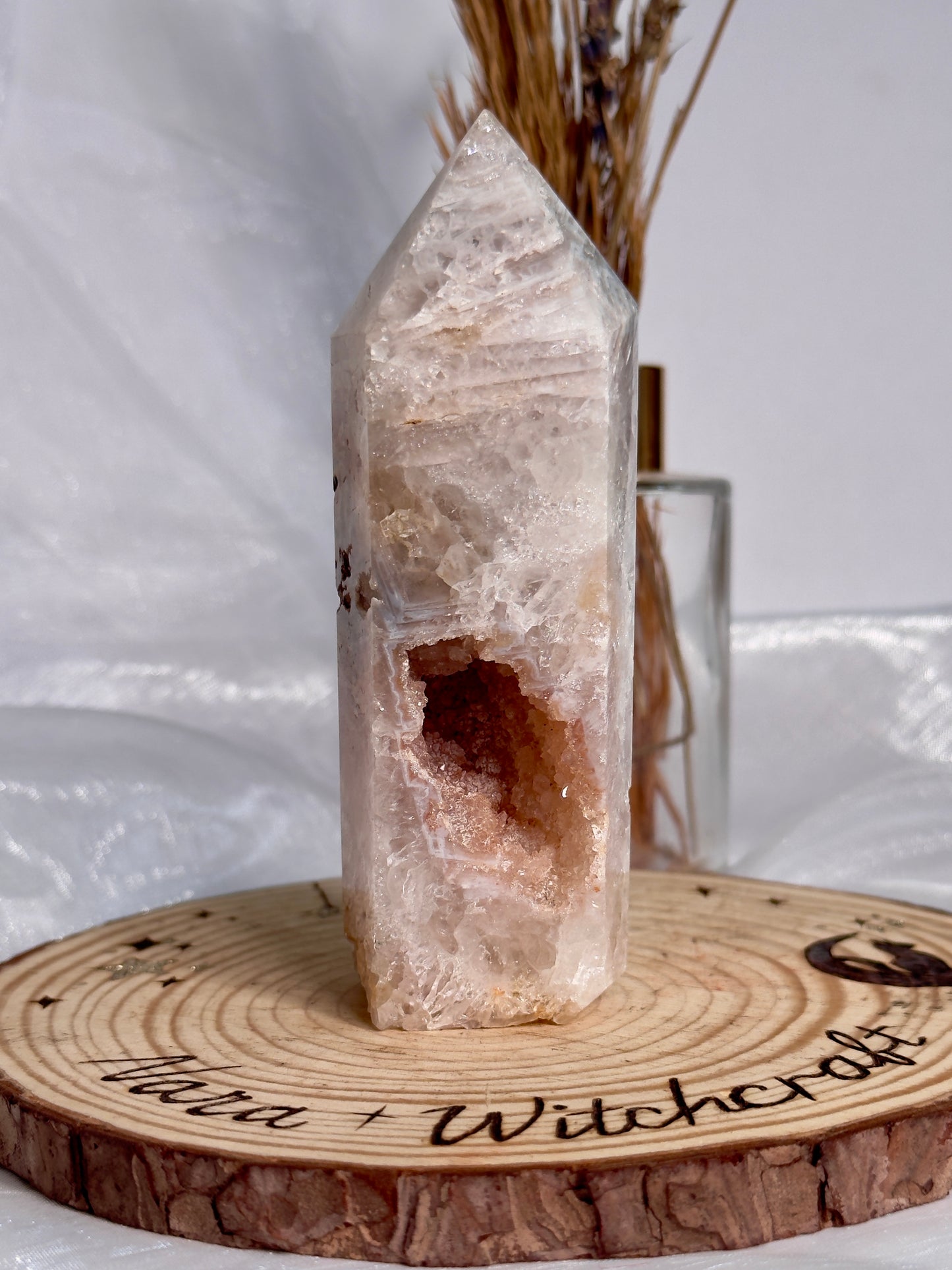 Pink Amethyst Tower and Moon on stand Druzy set