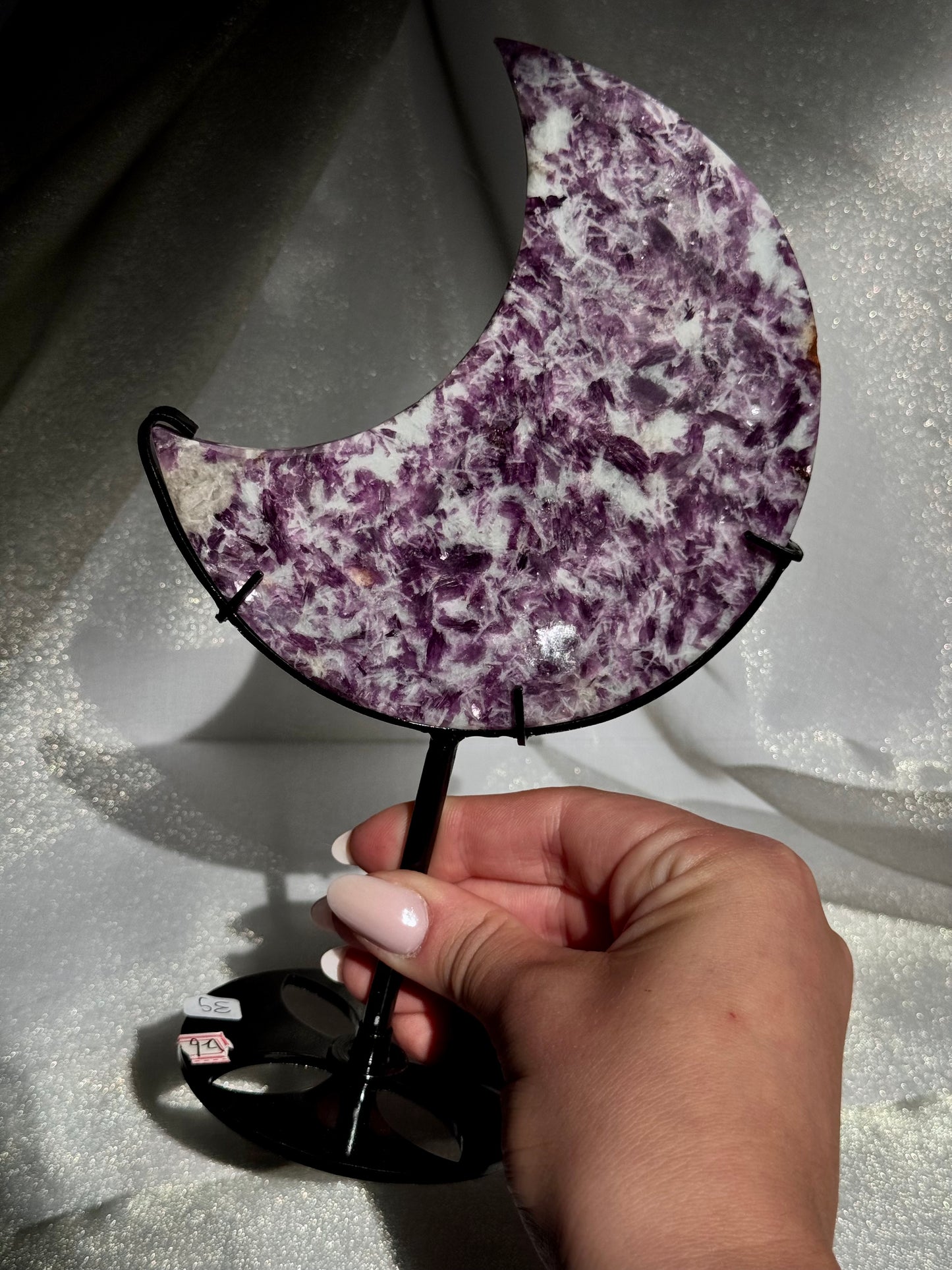 Lepidolite Crescent Moons on stand