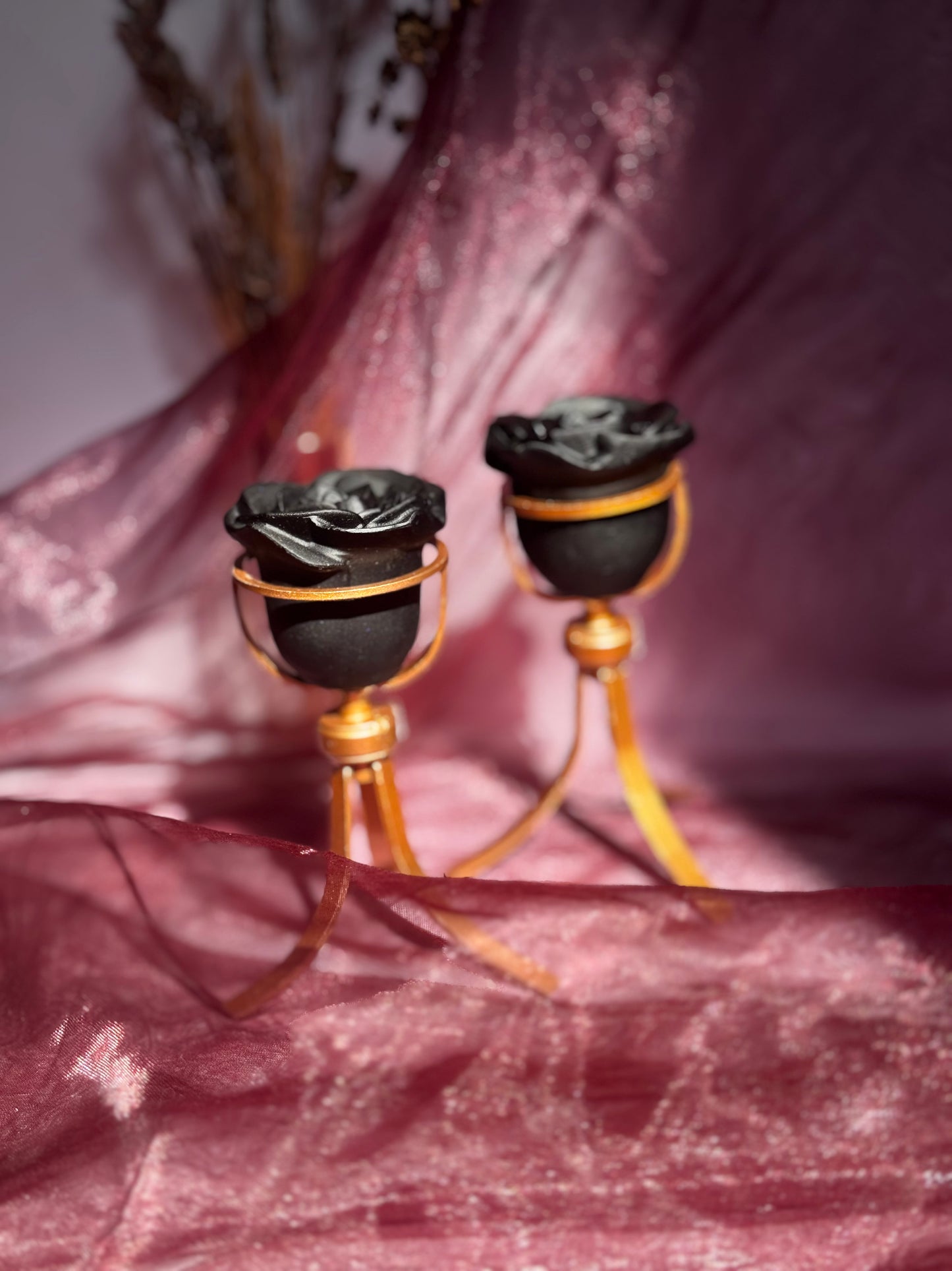 Obsidian Rose Flower Carving on stand