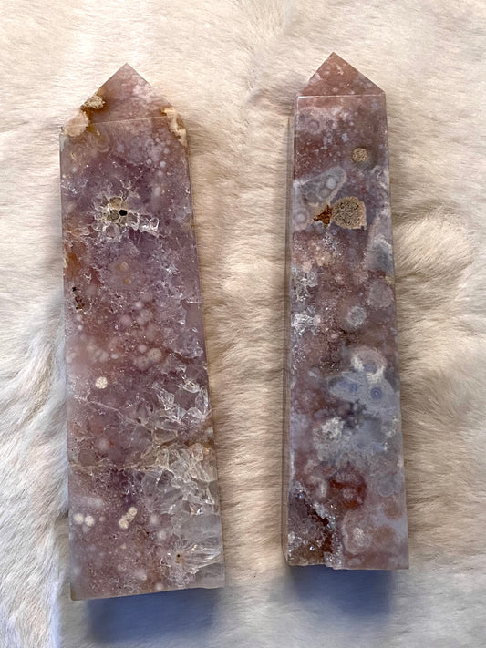 Pink Amethyst towers with Flower Agate inclusions