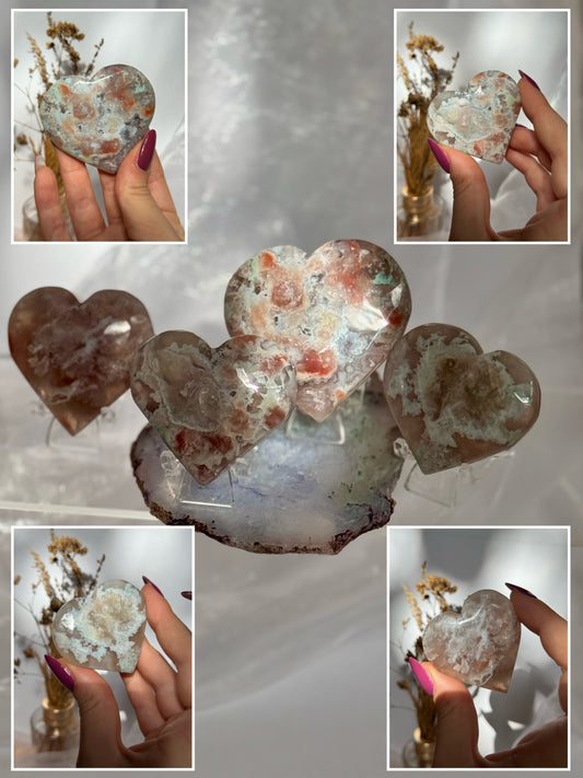 Green Flower Agate hearts